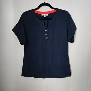 Banana Republic Blouse Short Sleeve Navy Blue Silver Clips Business Casual Light